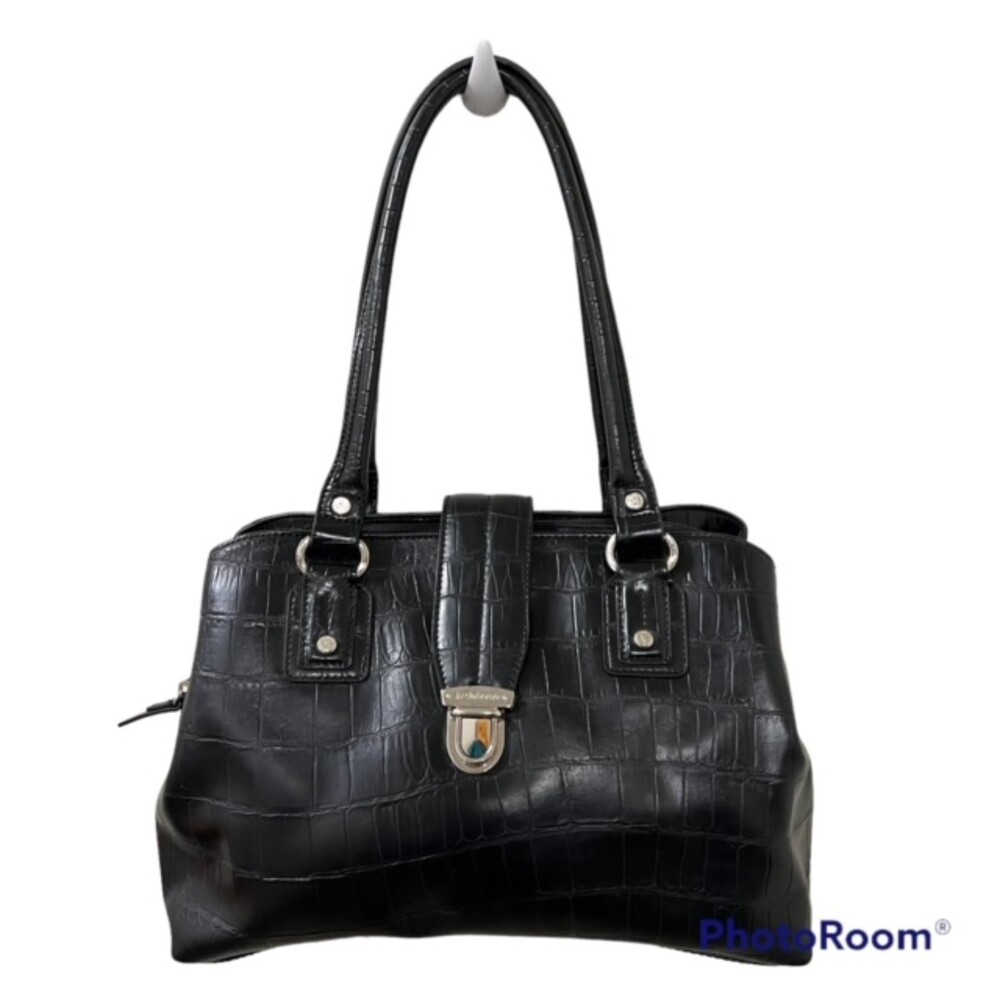 Liz Claiborne Large Black Crocodile Embossed Faux Leather Shoulder Purse Bag